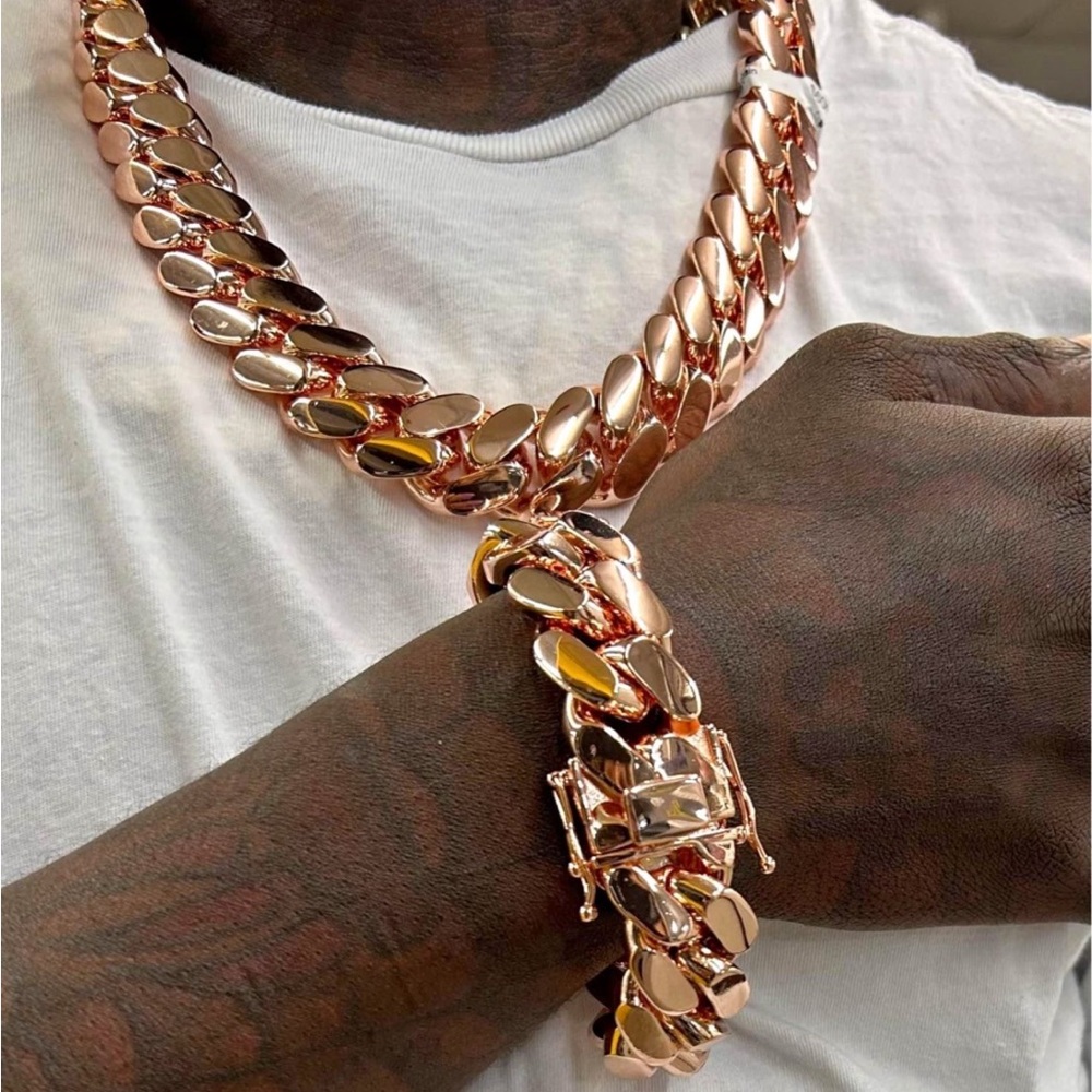 Set Chain & Bracelet 20mm Miami Cuban Link Pink Red Rose Gold Plated Chain